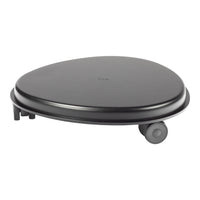 Black rolling utility cart with a sleek, round design and smooth surface, perfect for versatile use.