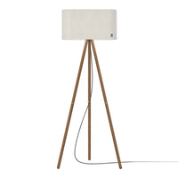 Beige lampshade atop a natural wood tripod base, featuring a sleek, modern design with clean lines.