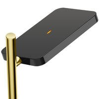 Sleek black lamp shade with a gold stand and subtle orange indicator light. Modern, minimalist design.