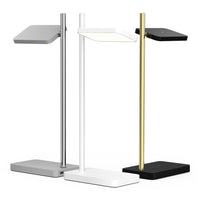 Modern LED desk lamps in sleek silver, matte white, elegant gold, and bold black with geometric designs.