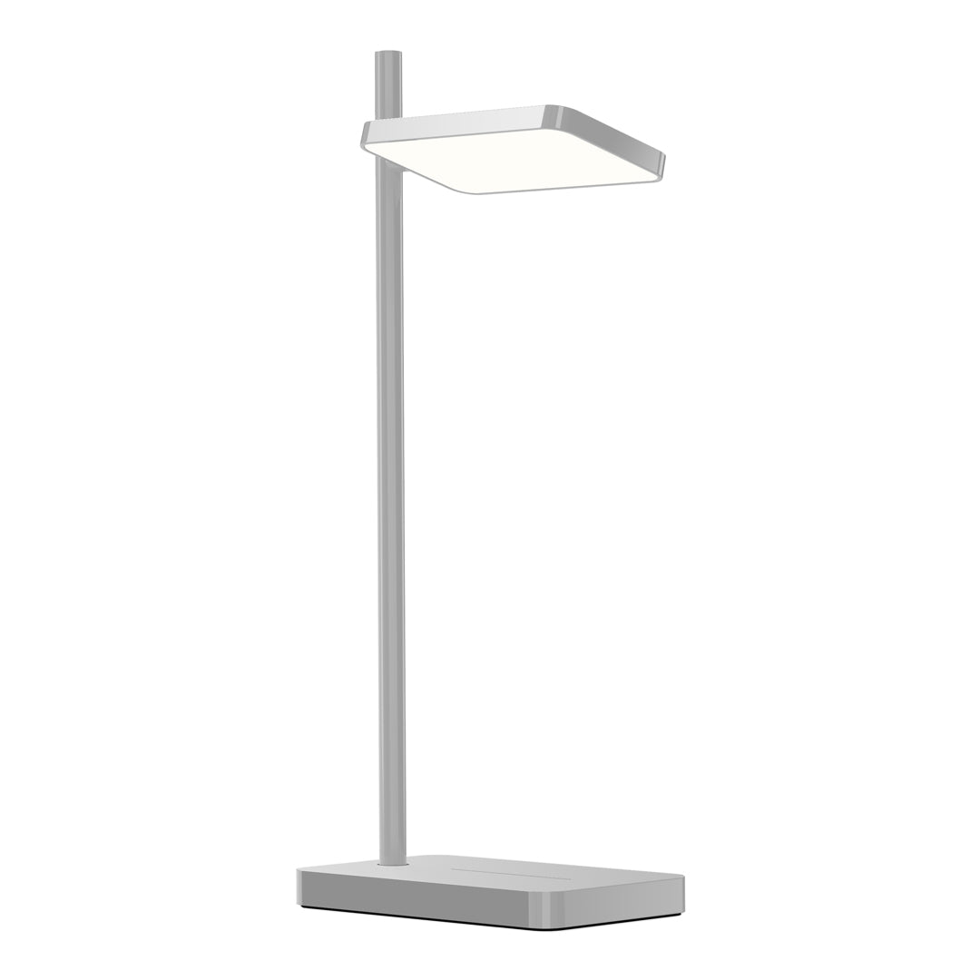Sleek silver desk lamp with a modern flat shade and minimalist design, perfect for contemporary spaces.