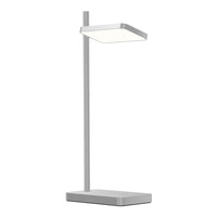 Sleek silver desk lamp with a modern flat shade and minimalist design, perfect for contemporary spaces.
