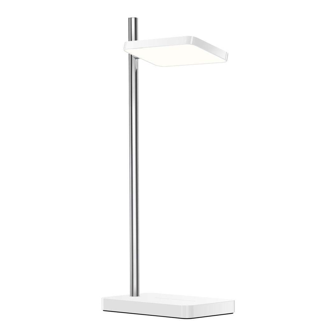 Sleek modern desk lamp in white with a polished chrome base and minimalist design. Perfect for stylish interiors.