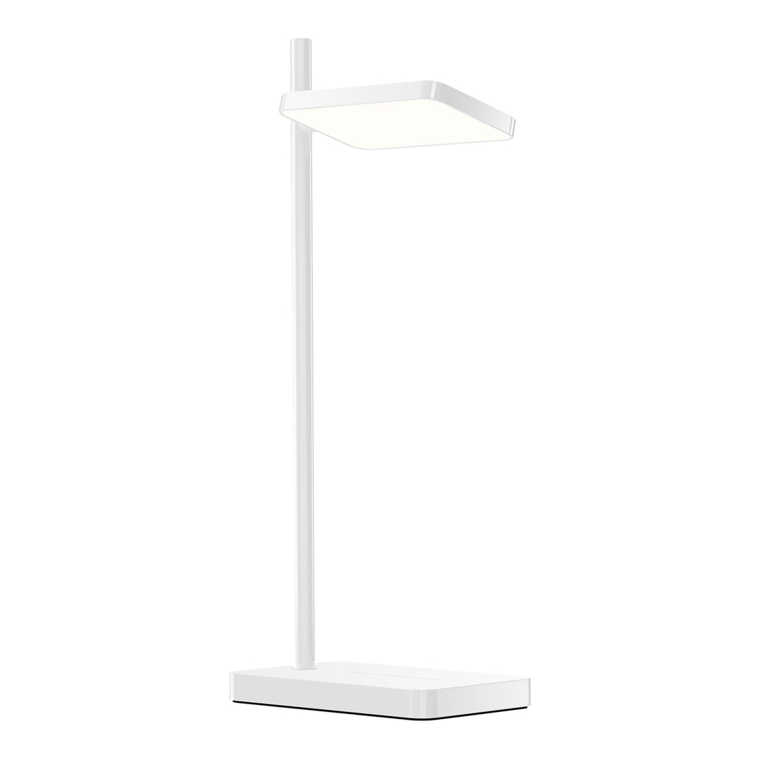 Modern white desk lamp with a sleek design and minimalistic square shade, perfect for brightening any workspace.