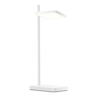 Modern white desk lamp with a sleek design and minimalistic square shade, perfect for brightening any workspace.