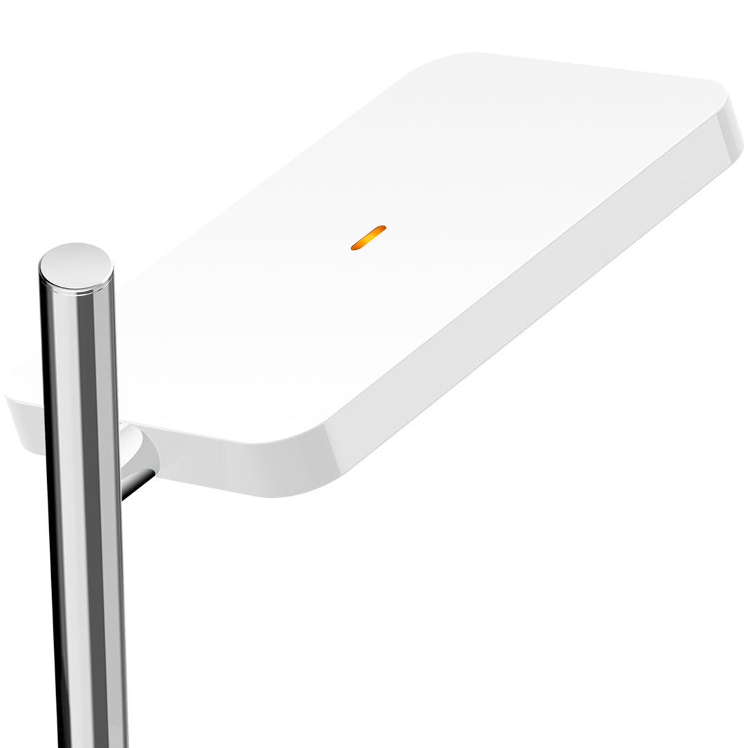 Sleek white LED lamp with a smooth surface and a minimalist design featuring an orange accent. Perfect for modern decor.
