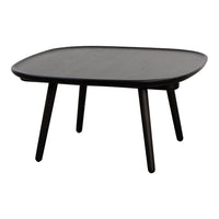 Black square coffee table with rounded edges and tapered legs, showcasing a sleek, modern design.