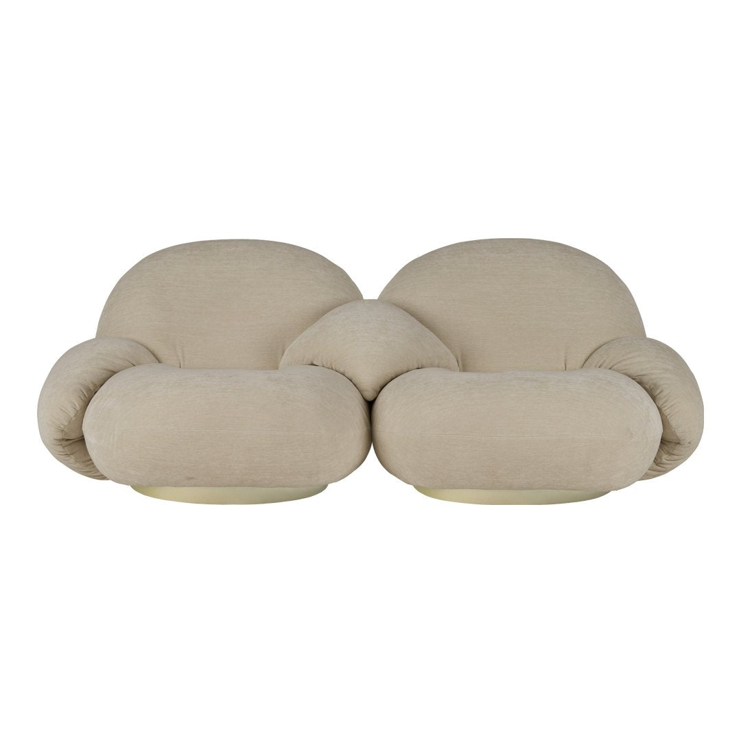 Beige, plush double seat sofa with rounded, soft curves and a minimalist design. Ideal for modern decor.