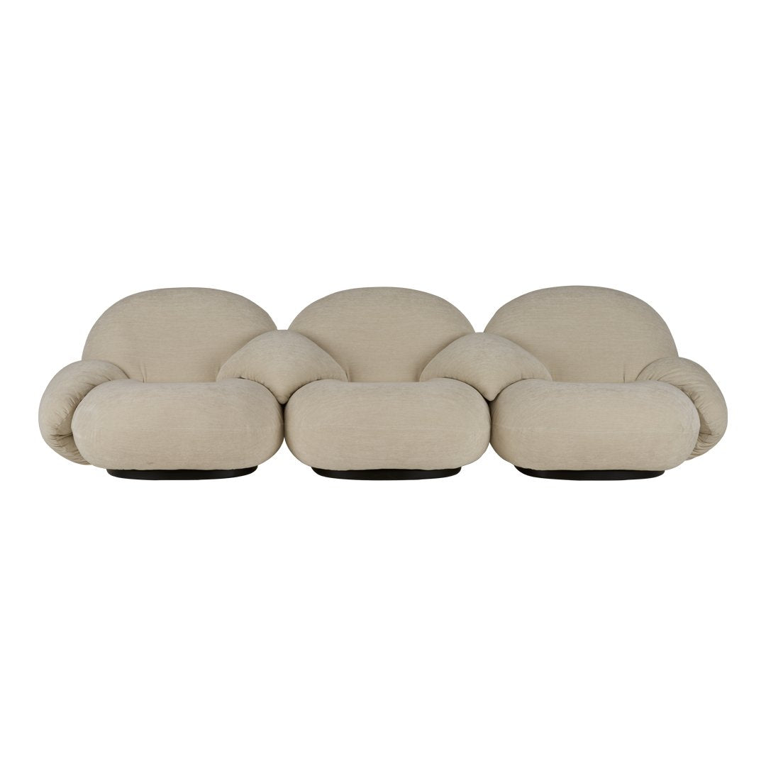 Beige three-seater sofa with plush rounded cushions and smooth lines, perfect for modern interiors.