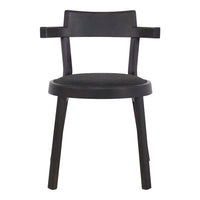 Black wooden chair with a simple, modern design and solid color, featuring a round seat and functional armrests.