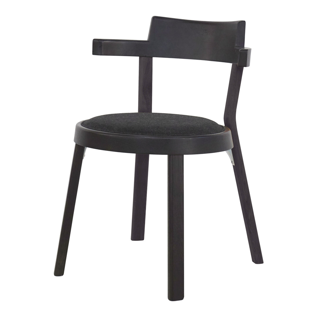 Black wooden chair with a simple design and textured, dark fabric seat, highlighting modern style and elegance.