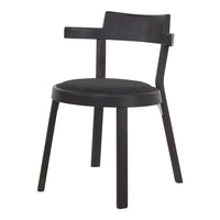 Black wooden chair with a simple design and textured, dark fabric seat, highlighting modern style and elegance.