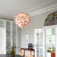 Stylish pendant lamp featuring layered pink and white shades, creating a modern and elegant pattern.