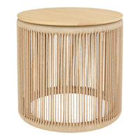 Natural wood round side table with a beige woven pattern and a light top, adding a modern touch to any space.