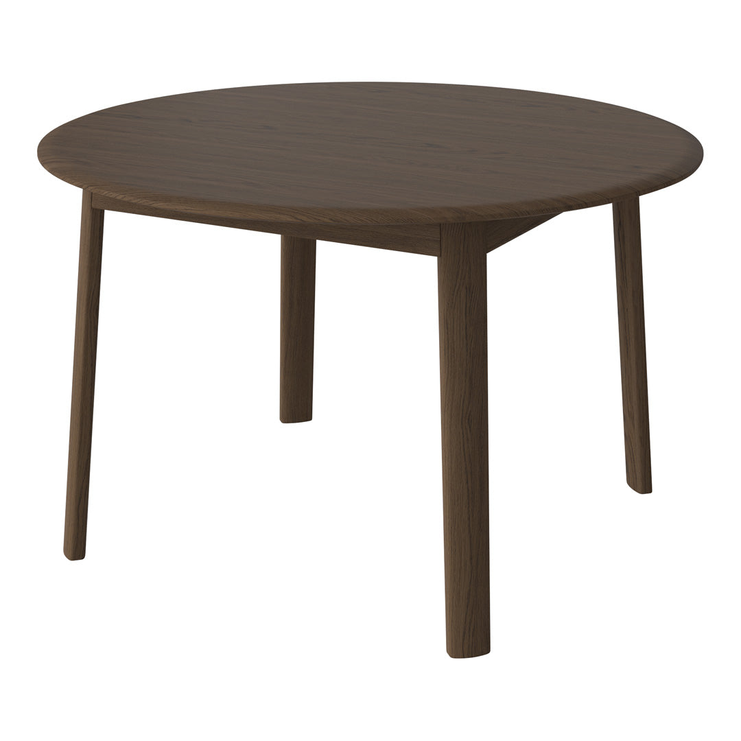 Brown round wooden table with a smooth finish and natural grain pattern, perfect for modern dining spaces.