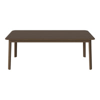 Dark brown wooden table with a smooth finish and subtle grain pattern, perfect for modern dining spaces.