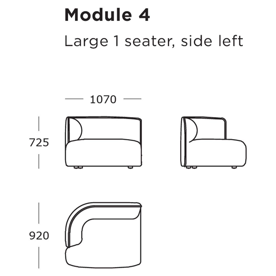 "Large one-seater sofa module in sleek design, featuring a modern curved silhouette and neutral color palette."
