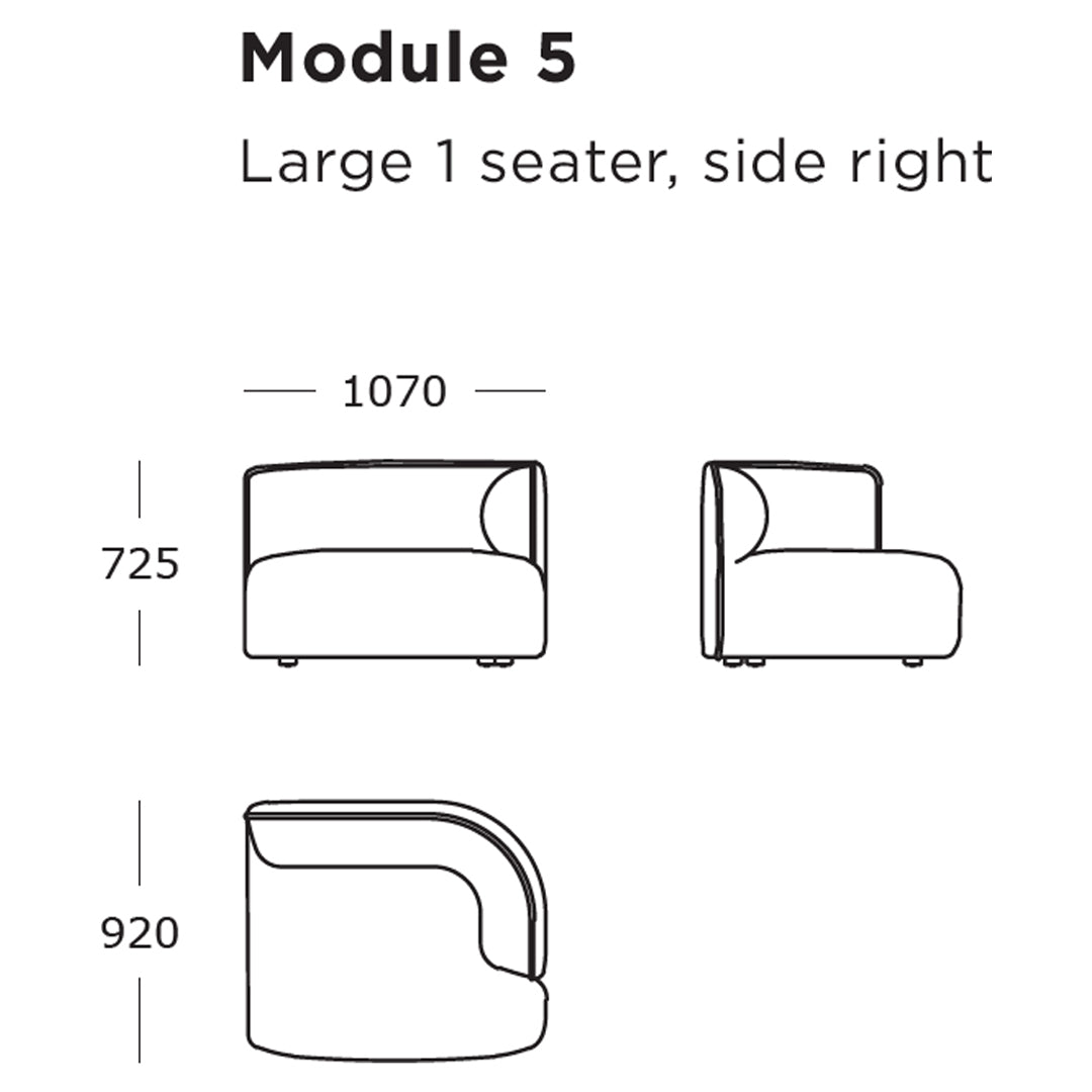 "Large one-seater modular sofa with curved design, featuring neutral tones and subtle contoured patterns."