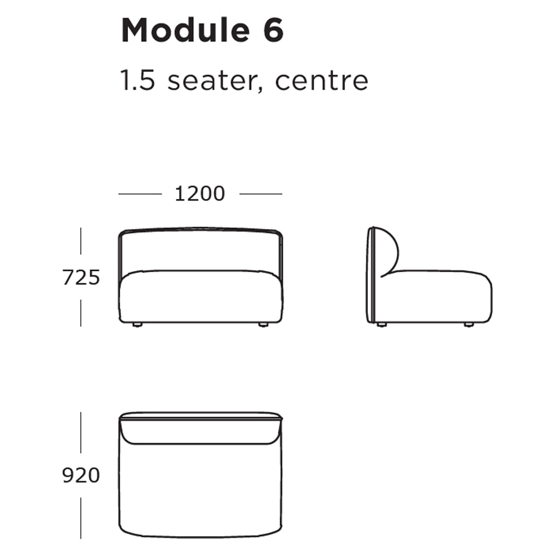 "1.5 seater sofa module in a smooth, minimalist design with clean lines and a neutral color palette."