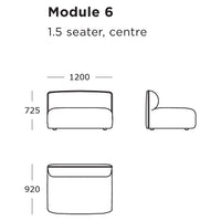 "1.5 seater sofa module in a smooth, minimalist design with clean lines and a neutral color palette."