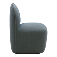 Soft grey upholstered chair with a minimalist design and smooth, curved edges. Perfect modern accent piece.