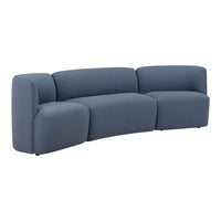 Curved teal blue sofa with smooth fabric and modern design, perfect for contemporary living spaces.