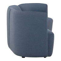 Soft blue upholstered armchair with a smooth, solid pattern and rounded edges, ideal for modern decor.