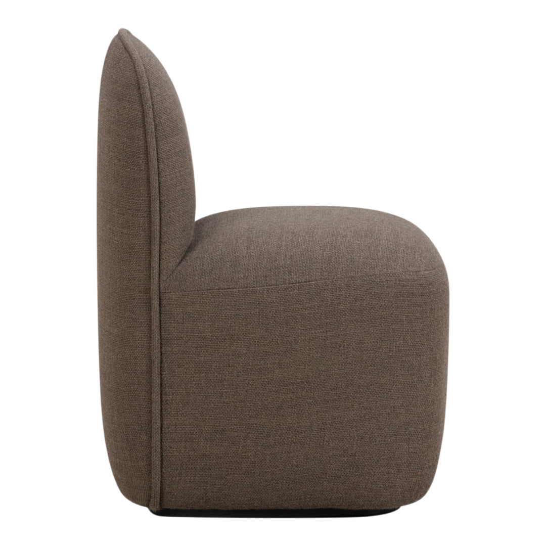 Brown upholstered chair with a smooth texture and minimalist design, featuring a solid, muted color palette.