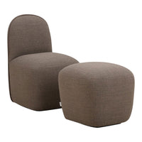 Brown upholstered chair and ottoman set, featuring a textured fabric and minimalist design. Perfect for modern decor.