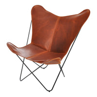 Brown leather butterfly chair with smooth texture and minimalist black metal frame. Stylish and modern design.