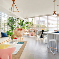 Bright living room with pastel pink, green plants, vibrant patterns, and natural light highlighting modern decor.