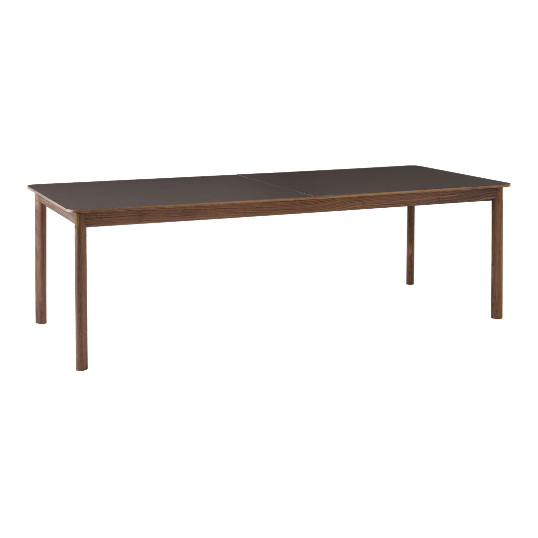 Dark brown rectangular dining table with a simple, solid surface and sleek, modern legs. Ideal for contemporary interiors.