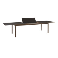 Modern rectangular dining table in deep brown with a sleek, minimalist design and subtle geometric patterns.