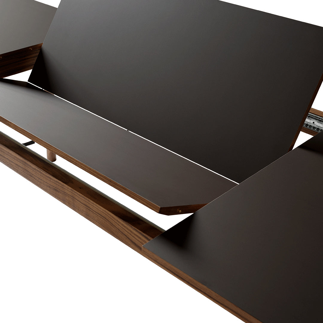 Brown wooden sofa with sleek, dark brown surfaces and minimalistic design. Smooth finish complements modern decor.