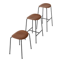 Set of three modern bar stools with brown wooden seats and sleek black metal legs. Ideal for contemporary spaces.