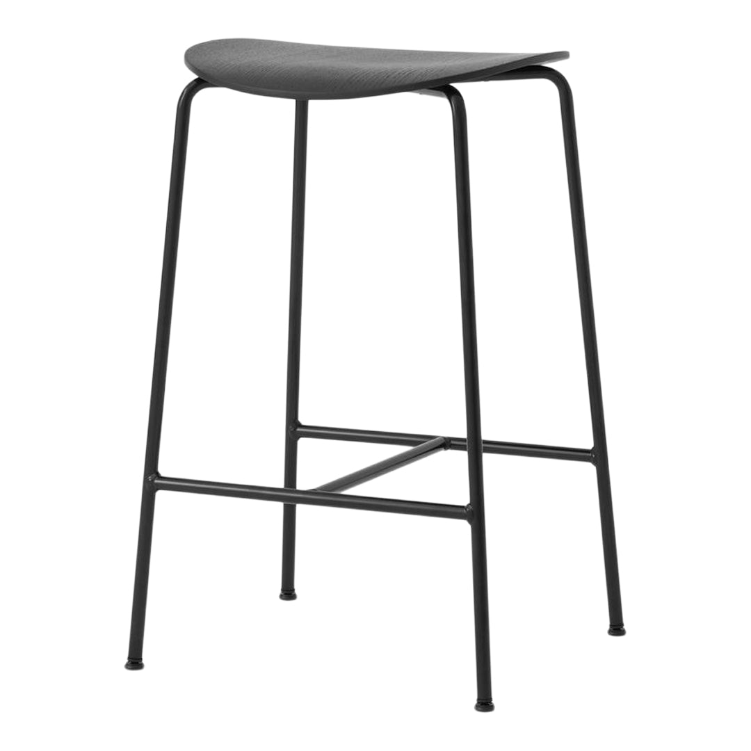 Black metal bar stool with a sleek, minimalist design and a smooth, dark grey seat.