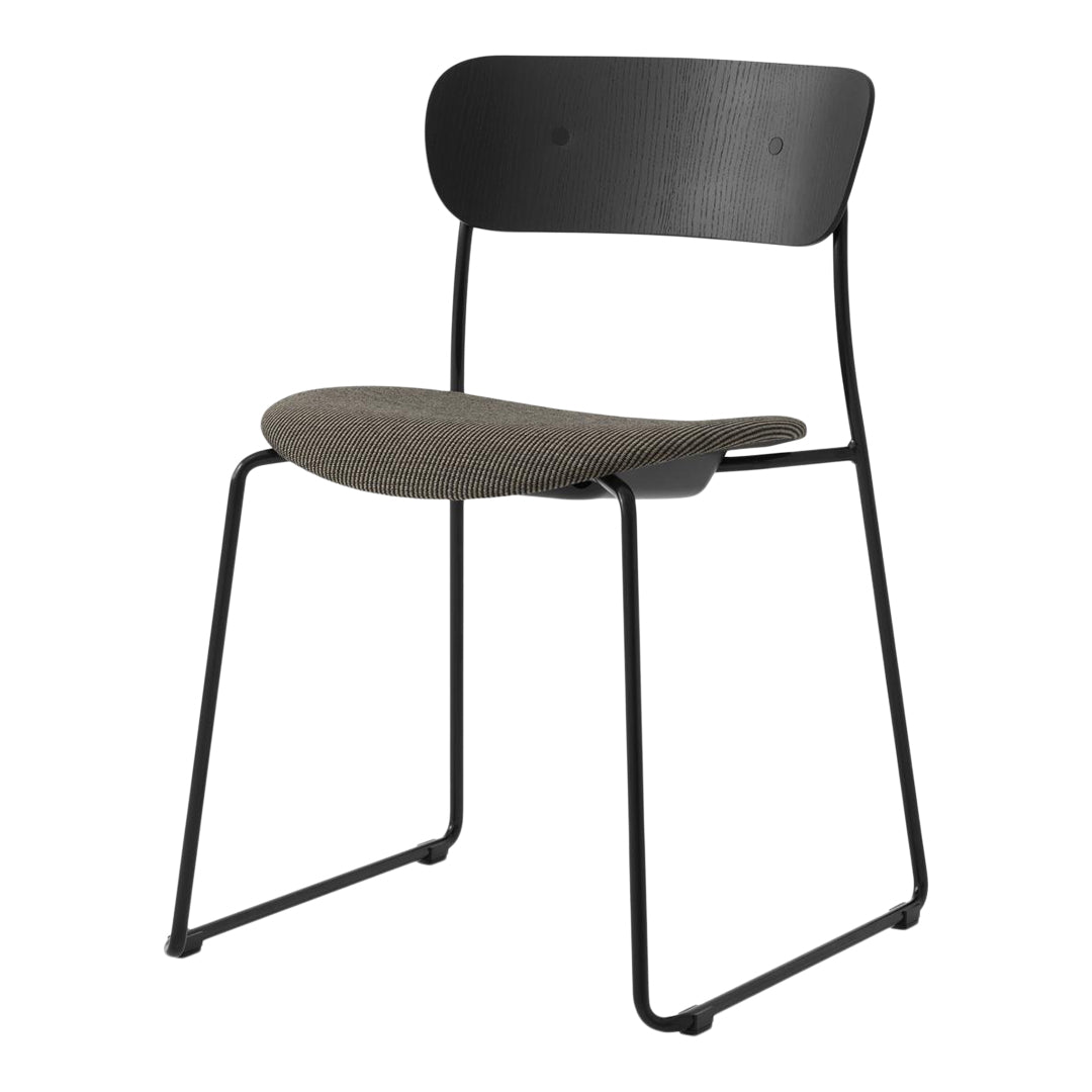 Modern black metal chair with a textured gray seat and minimalist design, perfect for contemporary decor.