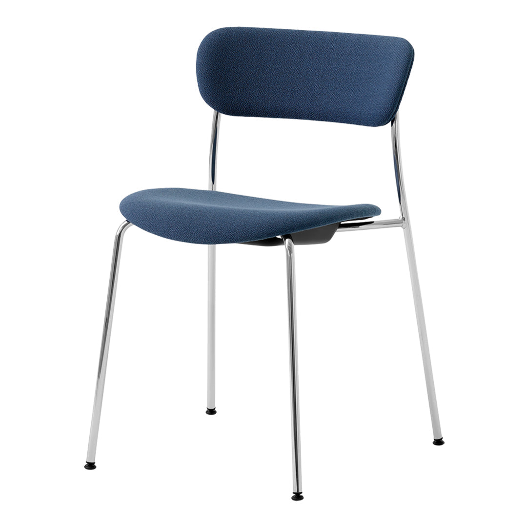 Stylish blue upholstered chair with a sleek chrome frame, featuring a minimalist design and smooth, modern lines.