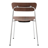 Wooden back and seat with a sleek chrome frame; minimalistic design in brown and white tones.