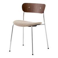 Stylish chair with a walnut wood back, beige upholstered seat, and sleek chrome legs. Modern and versatile design.