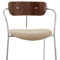 Wooden backrest in walnut finish, beige upholstered seat, and sleek chrome legs create a modern, minimalist look.