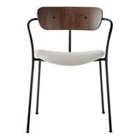Modern chair with a walnut wood back, cream upholstered seat, and sleek black metal legs. Minimalist design.
