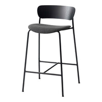 Modern black bar stool with a sleek metal frame and a gray upholstered seat. Simple, minimalistic design.