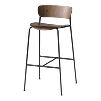 Wooden bar stool with a sleek black metal frame, featuring a warm, natural wood grain pattern on the seat and backrest.
