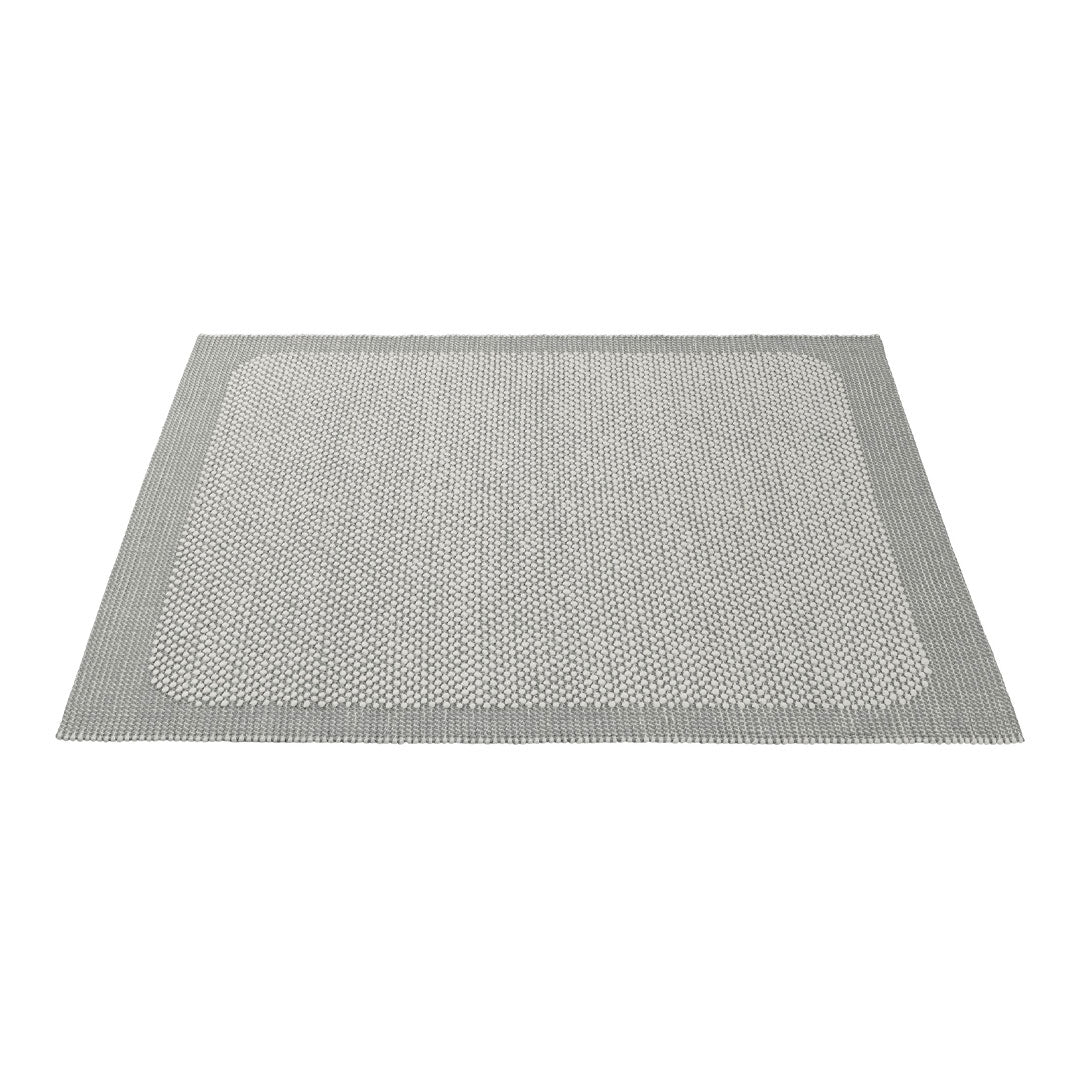 Gray area rug with a textured pattern and rectangular shape, featuring a subtle border design. Ideal for modern decor.