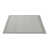Gray area rug with a textured pattern and rectangular shape, featuring a subtle border design. Ideal for modern decor.