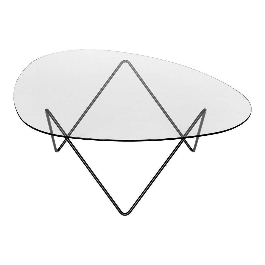 Clear glass coffee table with a sleek black metal geometric base and an asymmetrical oval shape.