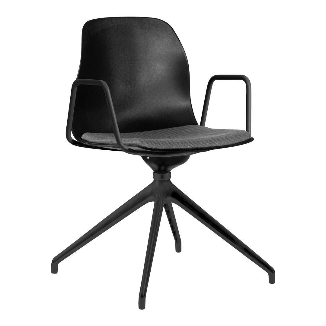 Black ergonomic chair with a textured gray fabric seat and sleek black metal base. Modern and minimalist design.