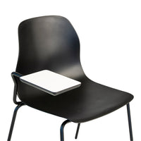 Black chair with a sleek design featuring a white armrest, showcasing a modern and minimalist aesthetic.