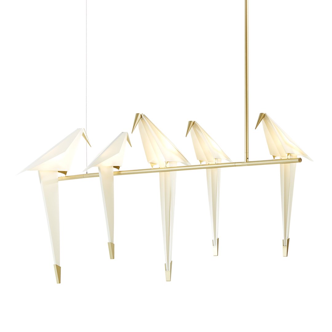 Elegant white origami-style chandelier with a sleek gold frame, showcasing a modern minimalist design.